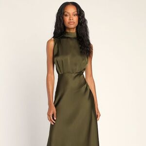 Lulus Olive Satin Sleeveless Mock Neck Maxi Dress Green